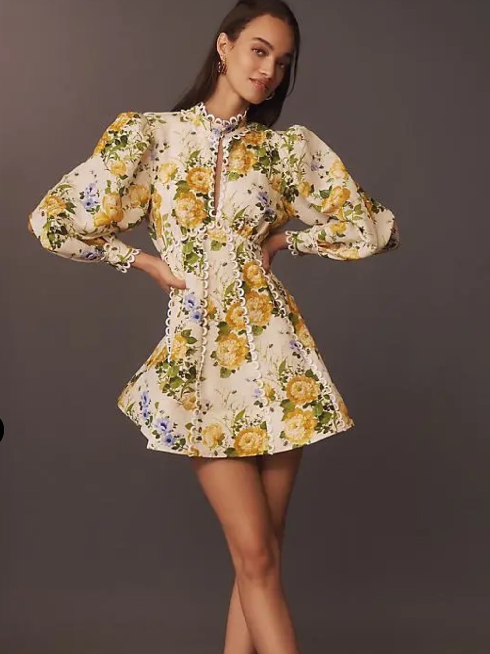 Anthropologie Yellow and Cream Floral Puff-Sleeve Mini Dress